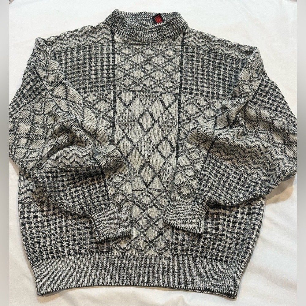 Vintage Textured Knit Sweater Chunky Mock Neck Pullover Neutral Gray